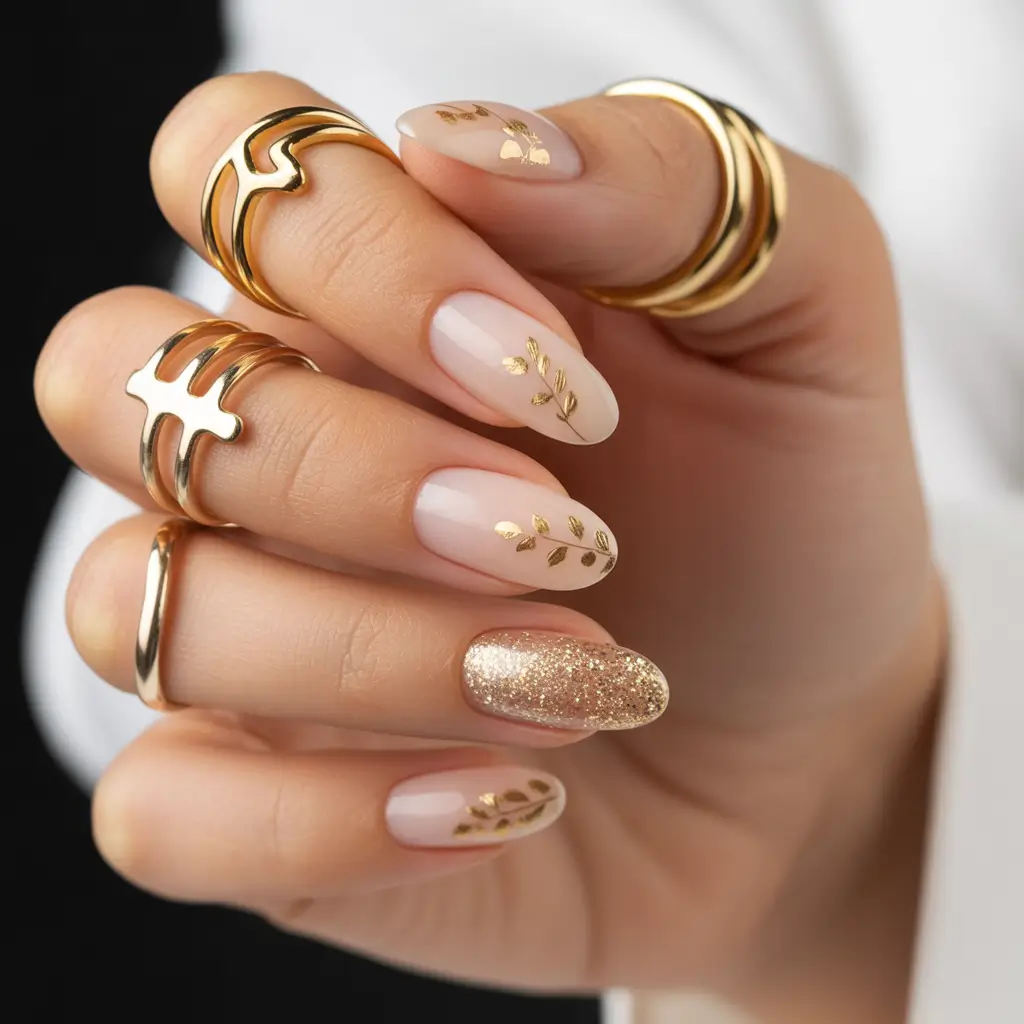 fall nails oval shape Golden Foil Accents