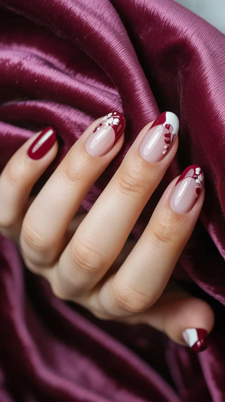 fall nails oval shape Deep Burgundy Florals