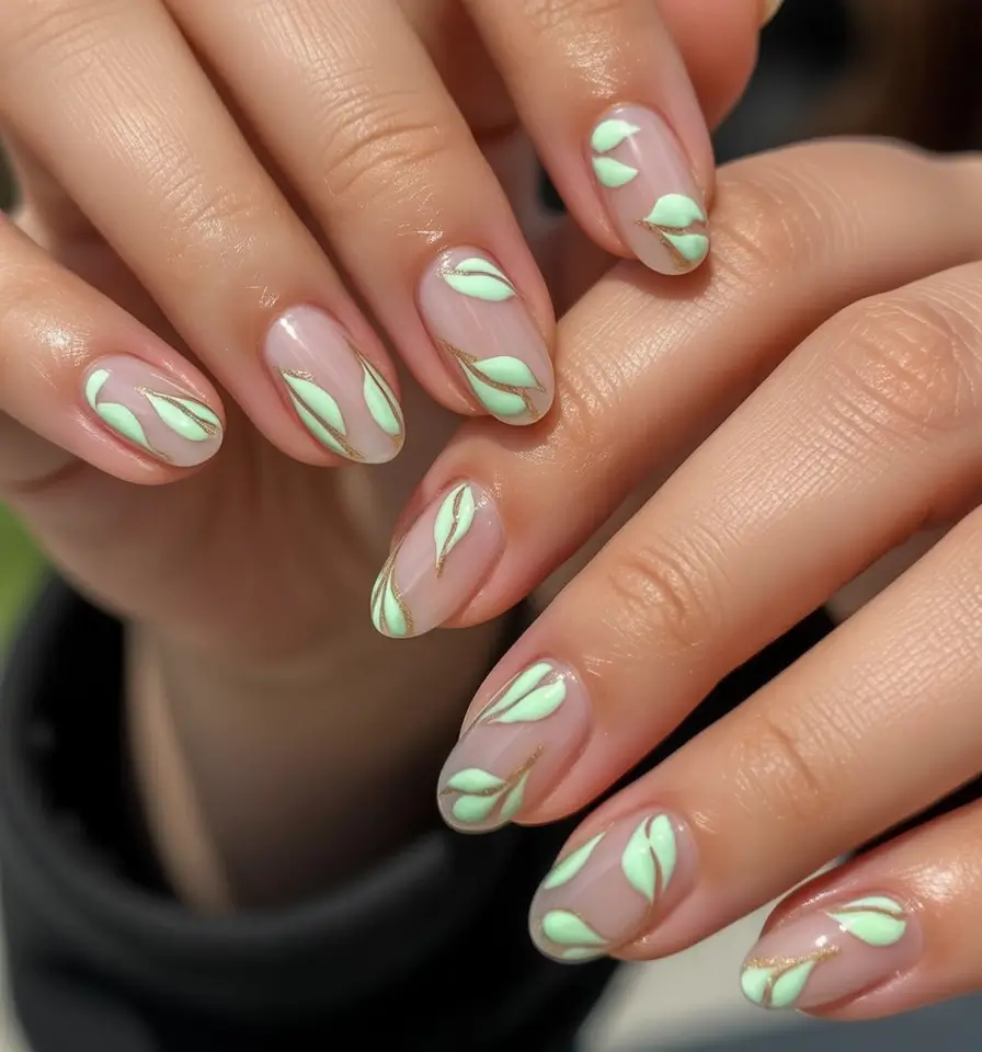 fall nails oval shape Minty Green Leaf Pattern