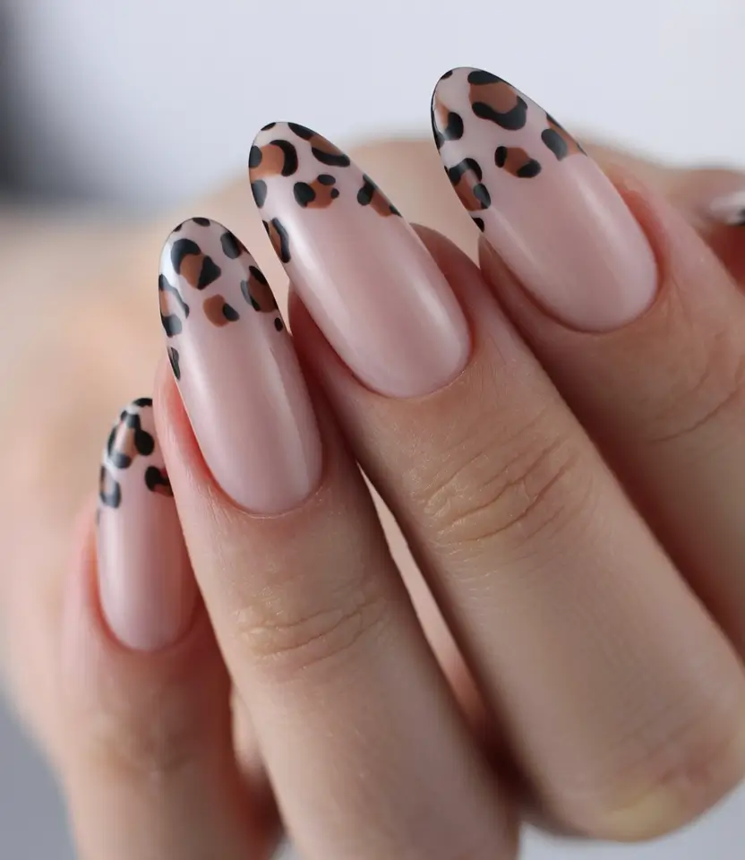 fall nails oval shape Leopard French Drama