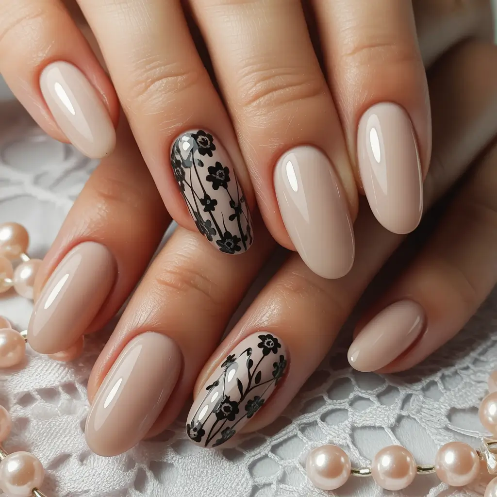 fall nails oval shape Black Floral Accents on Nude