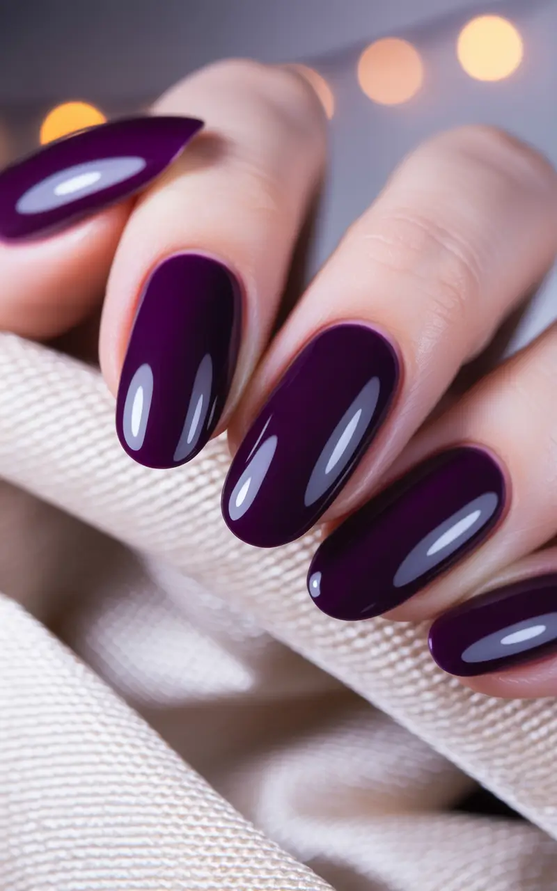 fall nails oval shape Glossy Deep Plum