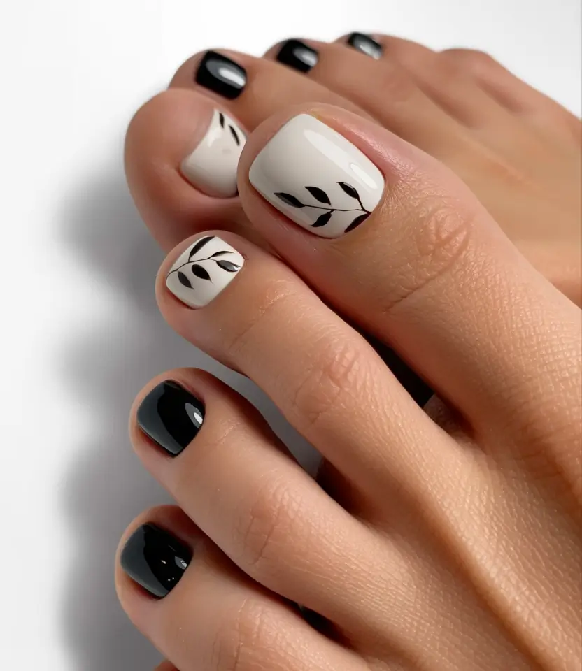 September toe nails Modern Monochrome Leaves