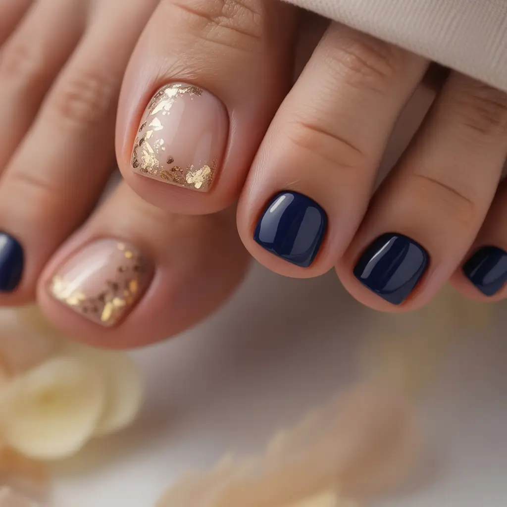 September toe nails Navy & Gold Foil Luxe