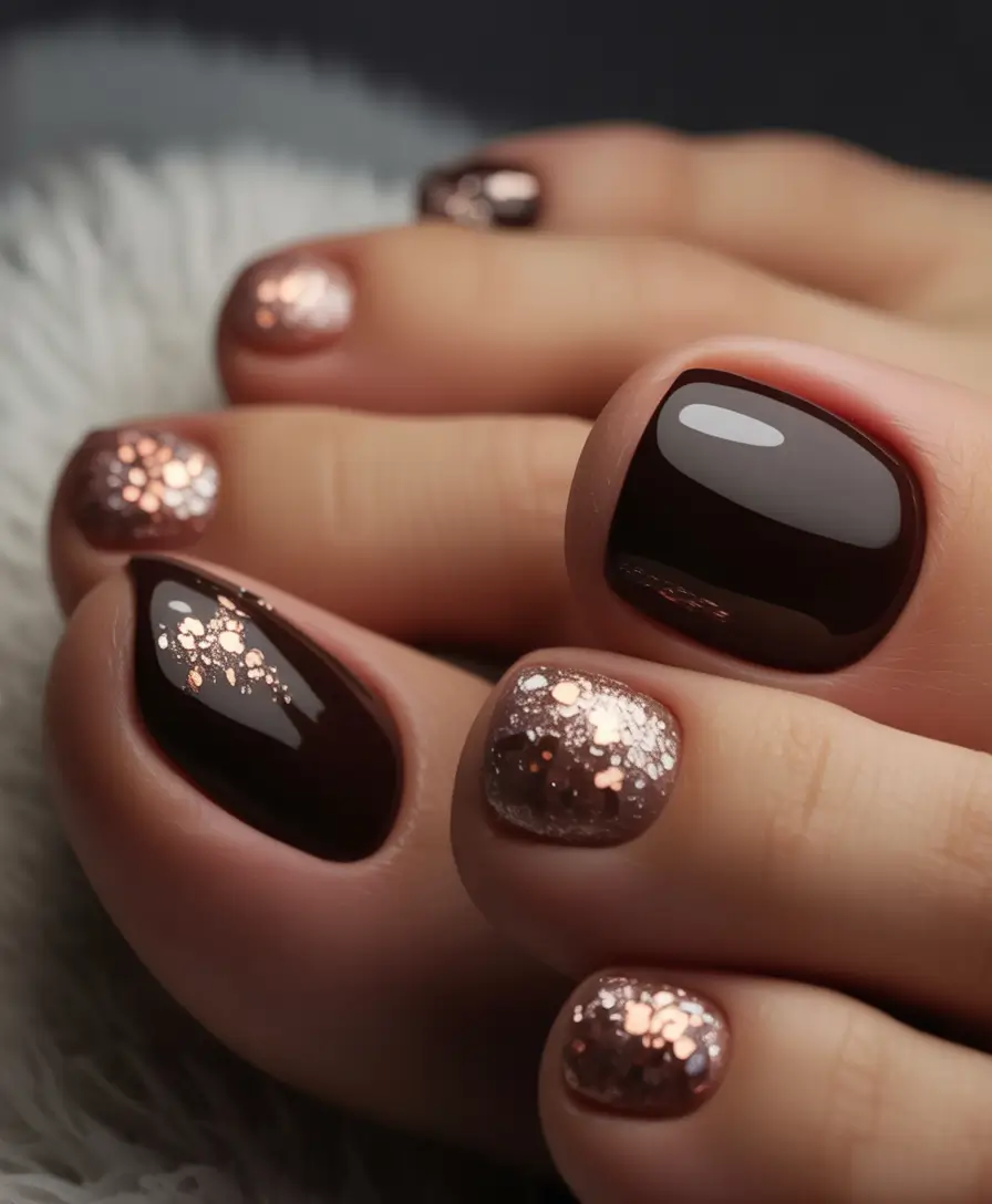 September toe nails Molten Mocha with Glitter Bloom