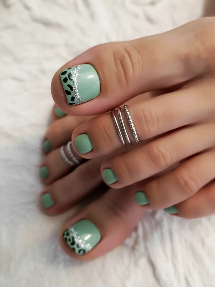 September toe nails Mint Safari with Sparkle & Spots