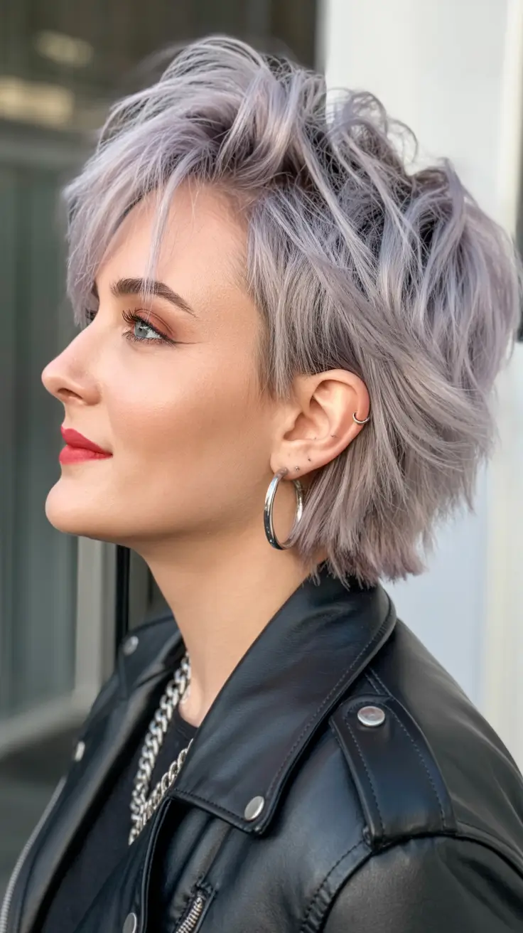 Fall haircuts for women over 40 Smoky Lilac Long Pixie with Tousled Layers