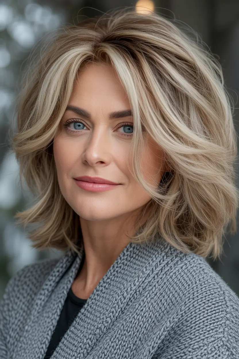Fall haircuts for women over 40 Soft Layered Lob with Honey Balayage