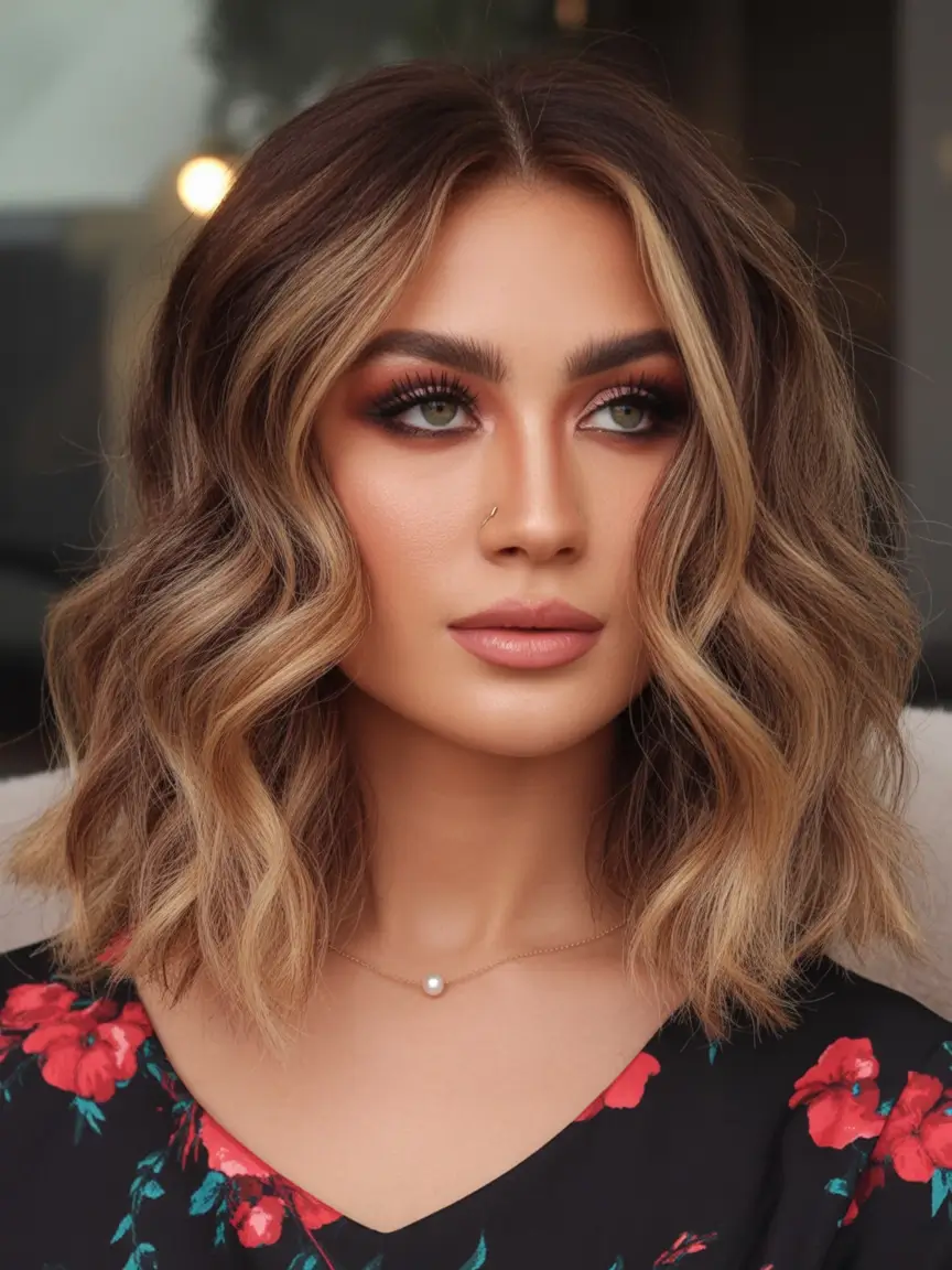 Fall haircuts for women over 40 Wavy Lob with Soft Caramel Highlights