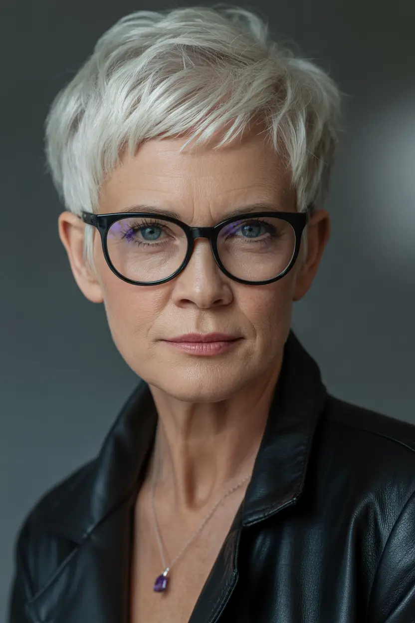 Fall haircuts for women over 40 Chic Silver Crop with Sleek Side Fringe