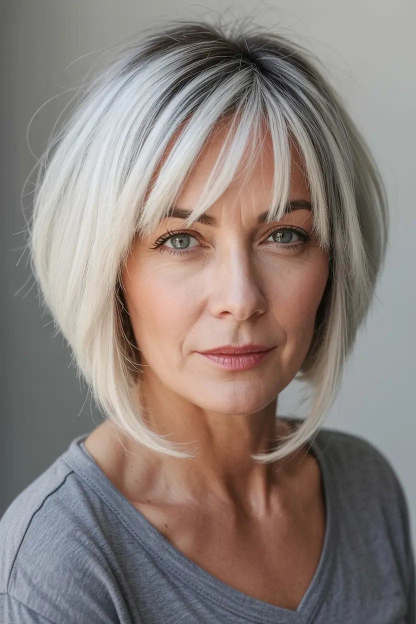 Fall haircuts for women over 40 Platinum Inverted Bob with Wispy Bangs