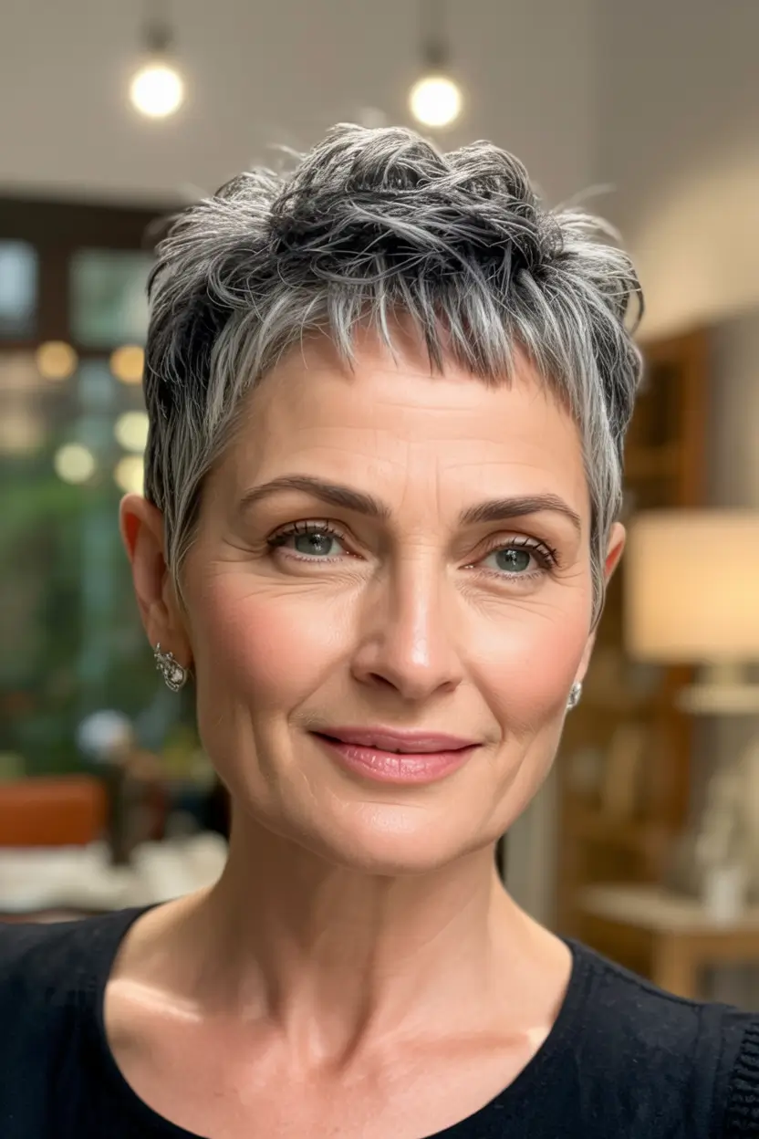 Fall haircuts for women over 40 Textured Salt-and-Pepper Short Pixie