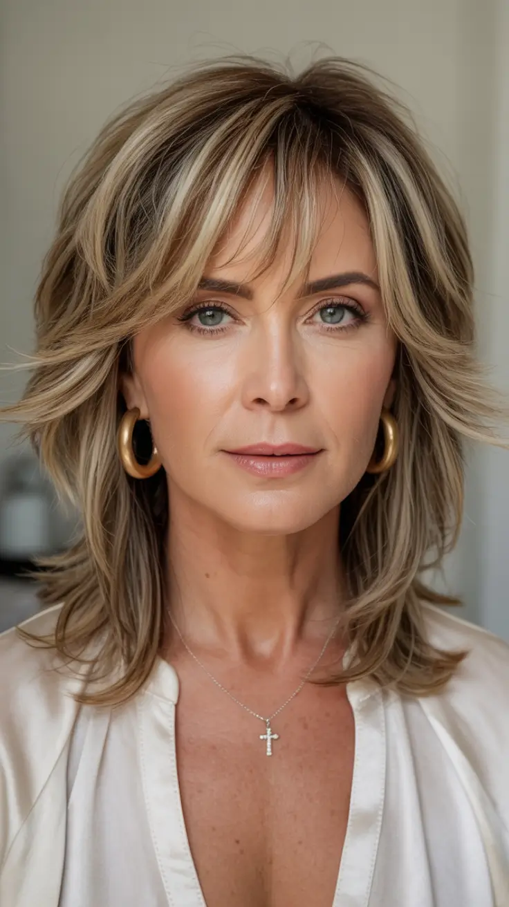 Fall haircuts for women over 40 Layered Shoulder-Grazing Shag with Curtain Bangs