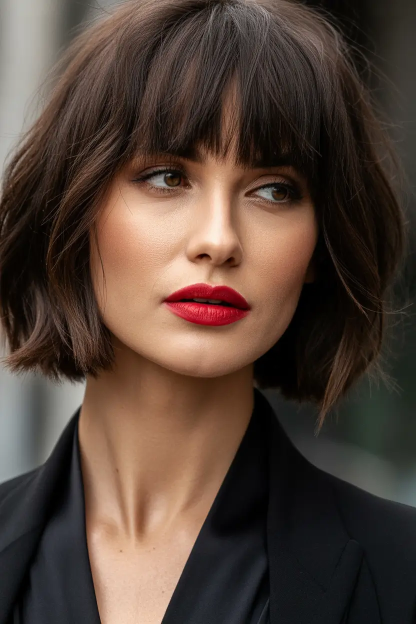 Fall haircuts for women over 40 Classic French Bob with Full Bangs