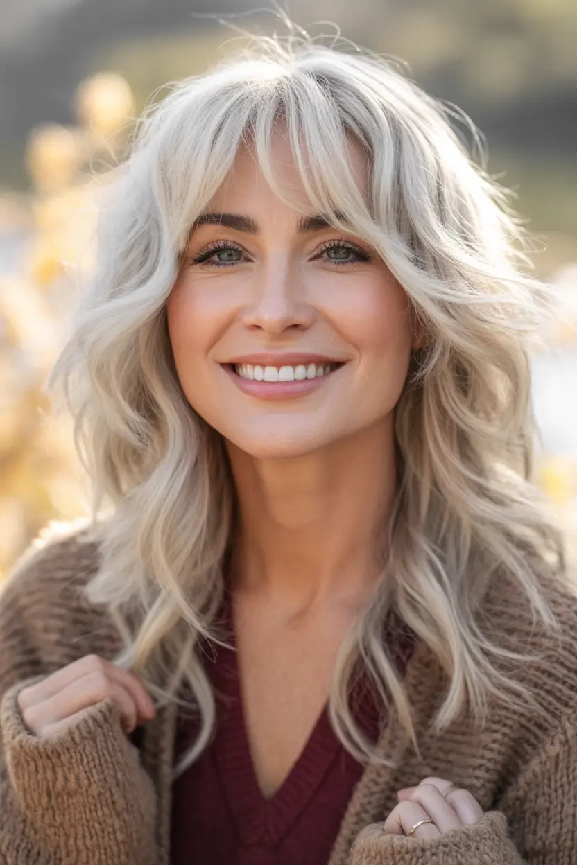 Fall haircuts for women over 40 Platinum Butterfly Cut with Curtain Bangs