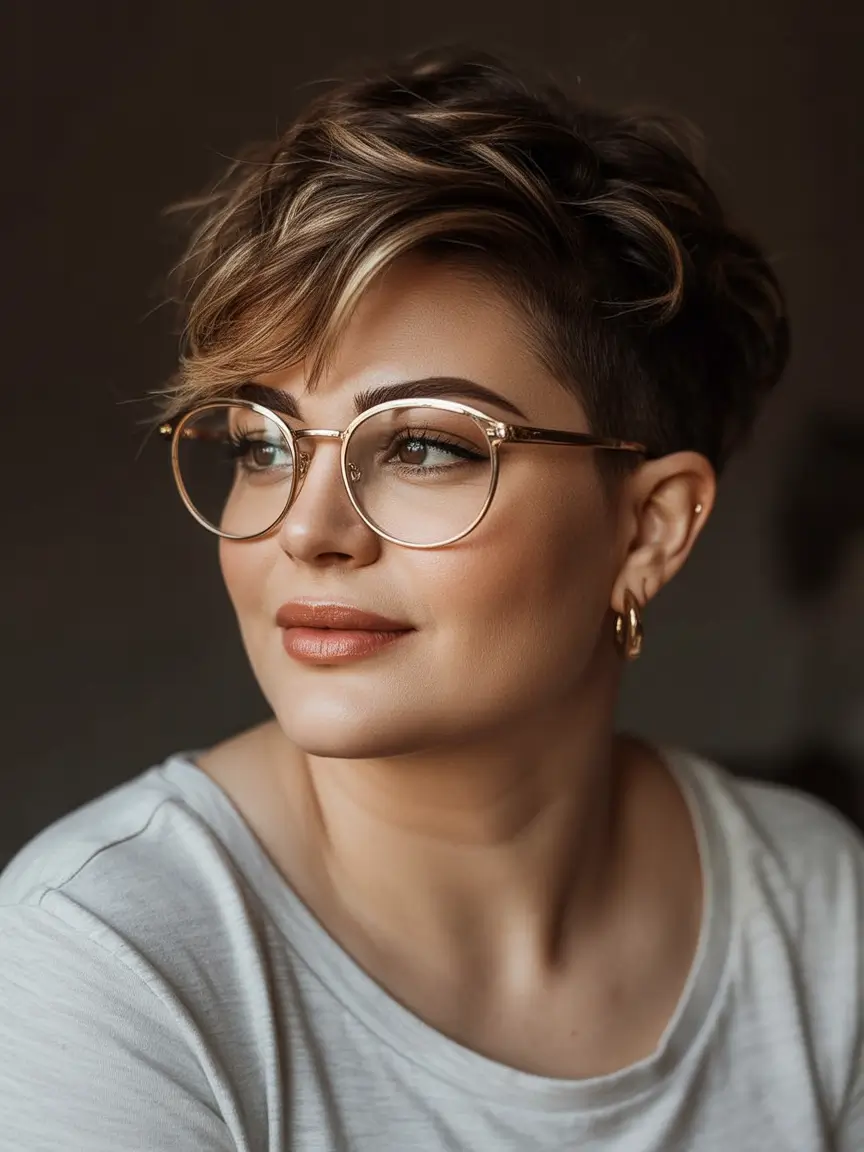 Feminine short hair+Textured Pixie with Soft Blonde Highlights