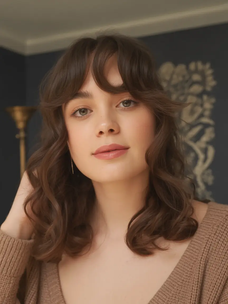 Medium length hair with layers and bangs+Layered Mid-Length with Fluffy Curtain Bangs