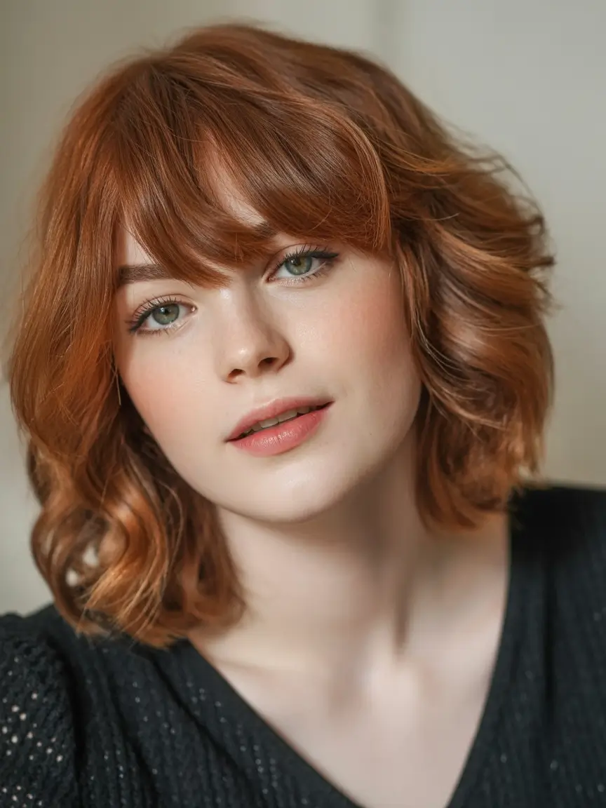 Curtain bangs+Soft Auburn Bob with Sweeping Fringe