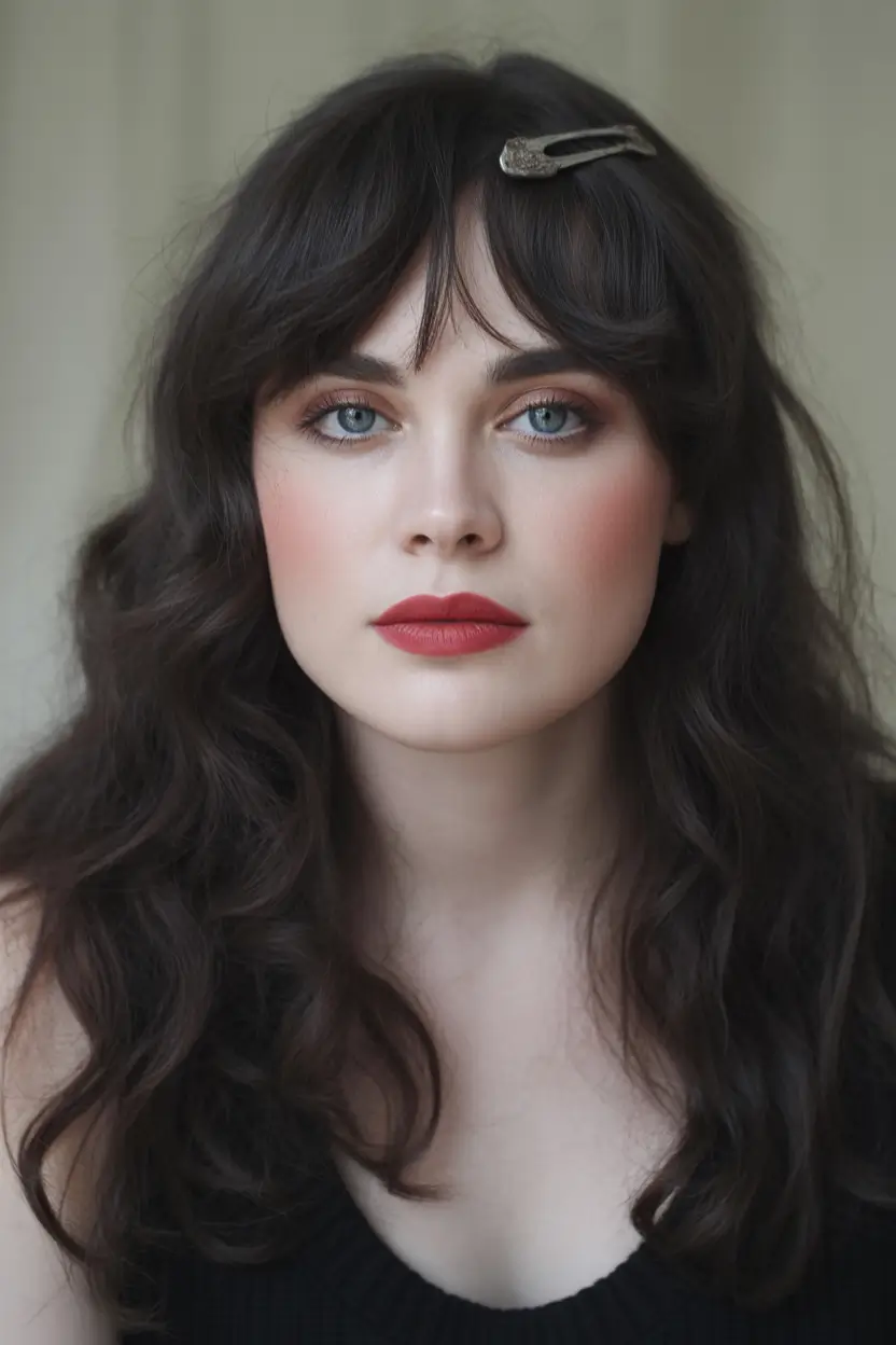 Long straight bangs+Long Romantic Waves with Wispy Fringe