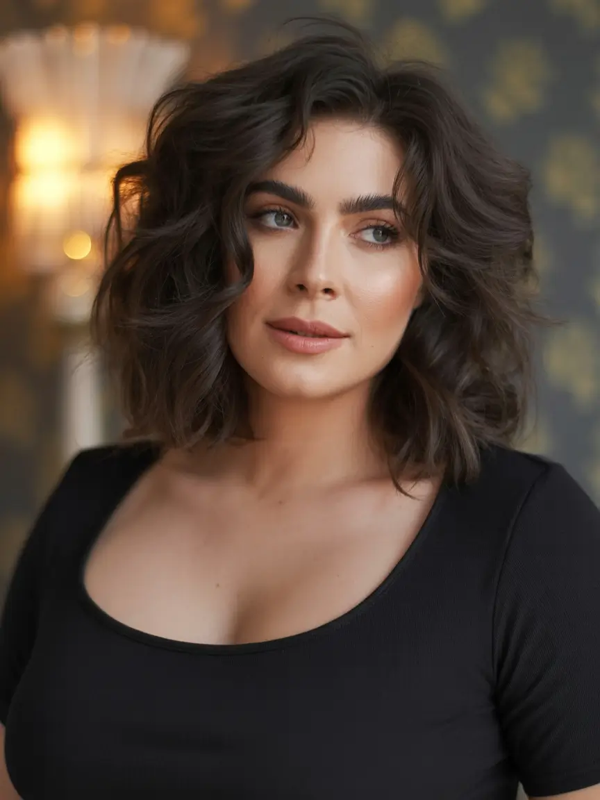 Short wavy hair+Voluminous Shoulder-Length Layers with Lived-In Curls