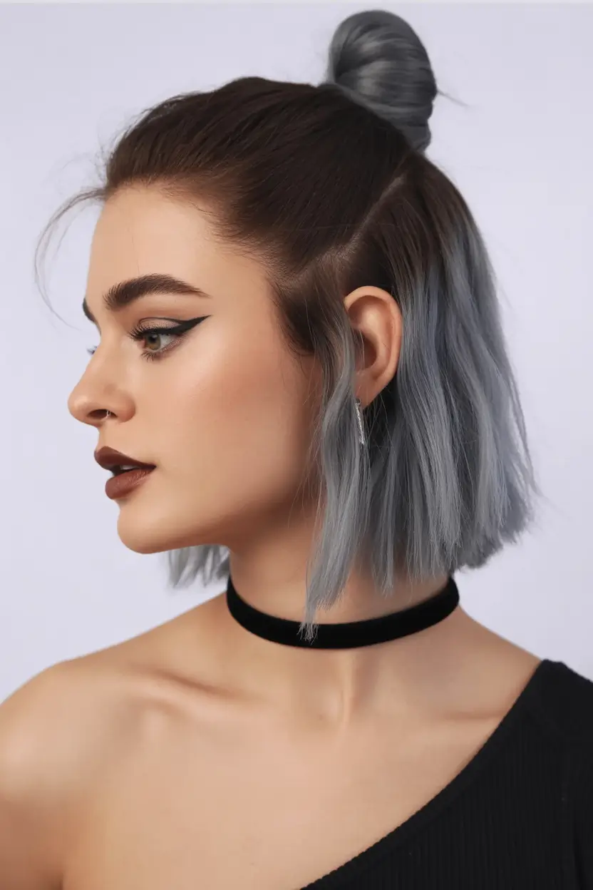cute-fall-hairstyles-Half-Up-Mini-Bun-with-Silver-Ombre