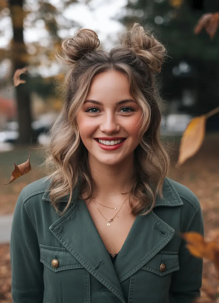 cute-fall-hairstyles-Whimsical-Space-Buns-on-Shoulder-Length-Hair