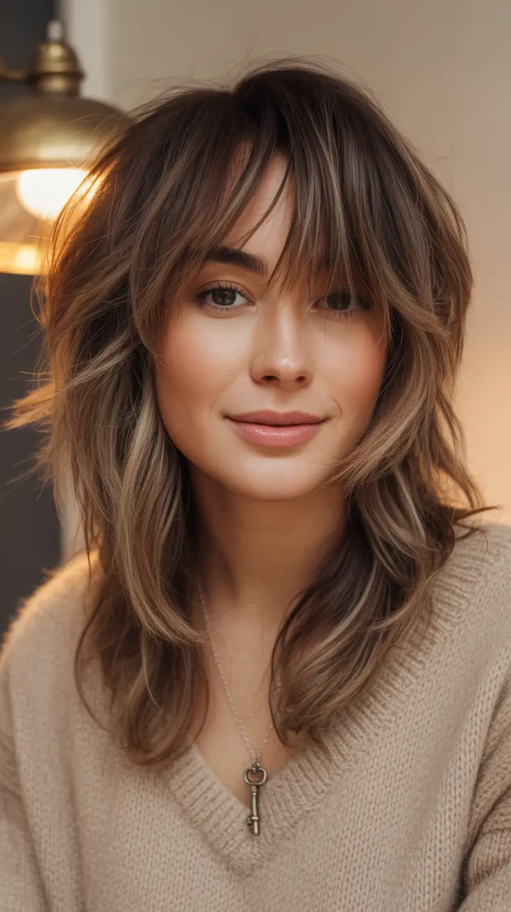 September haircuts Soft Brunette Shag With Bangs