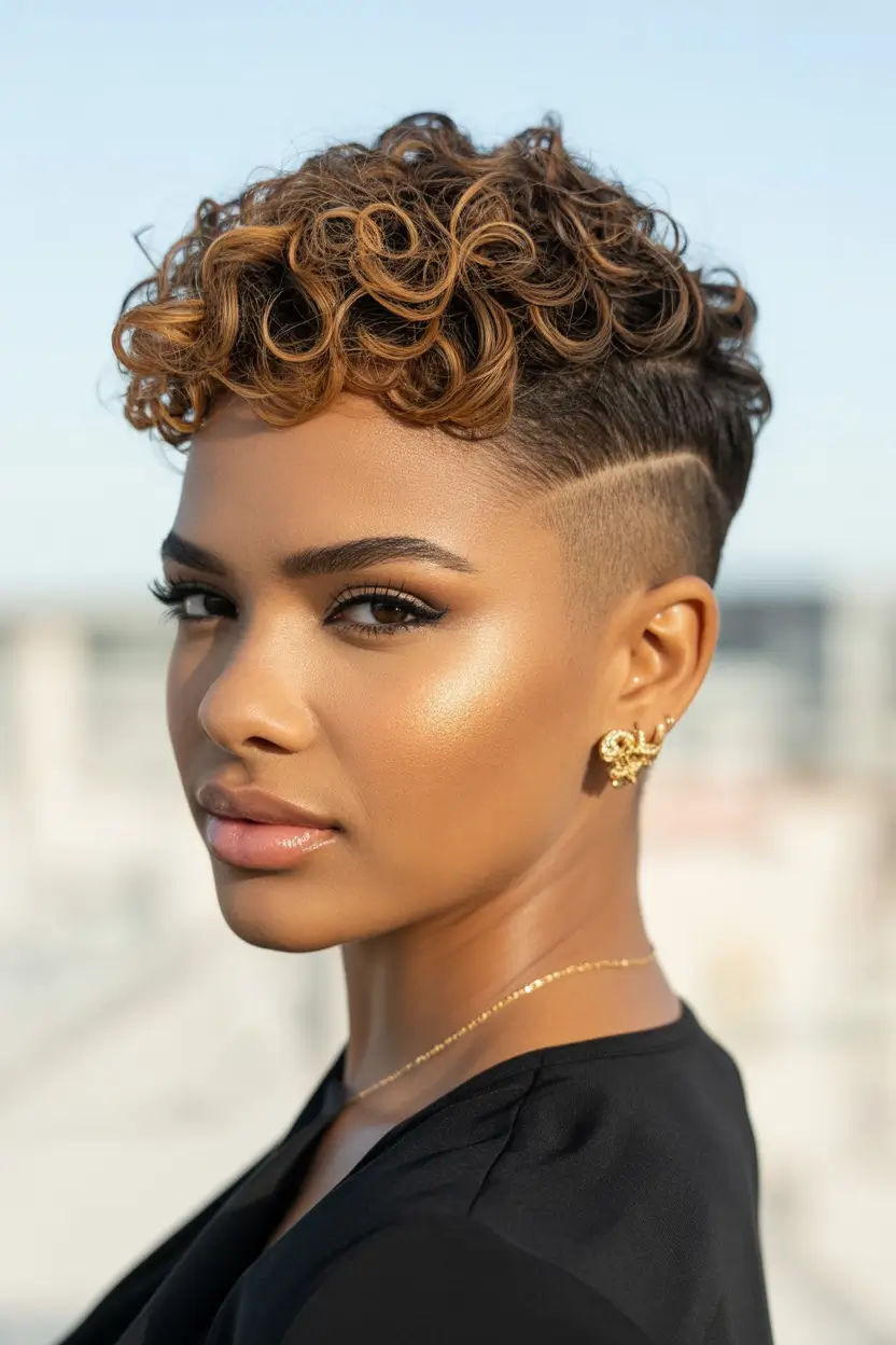 September haircuts Caramel Curl Fade With Defined Part