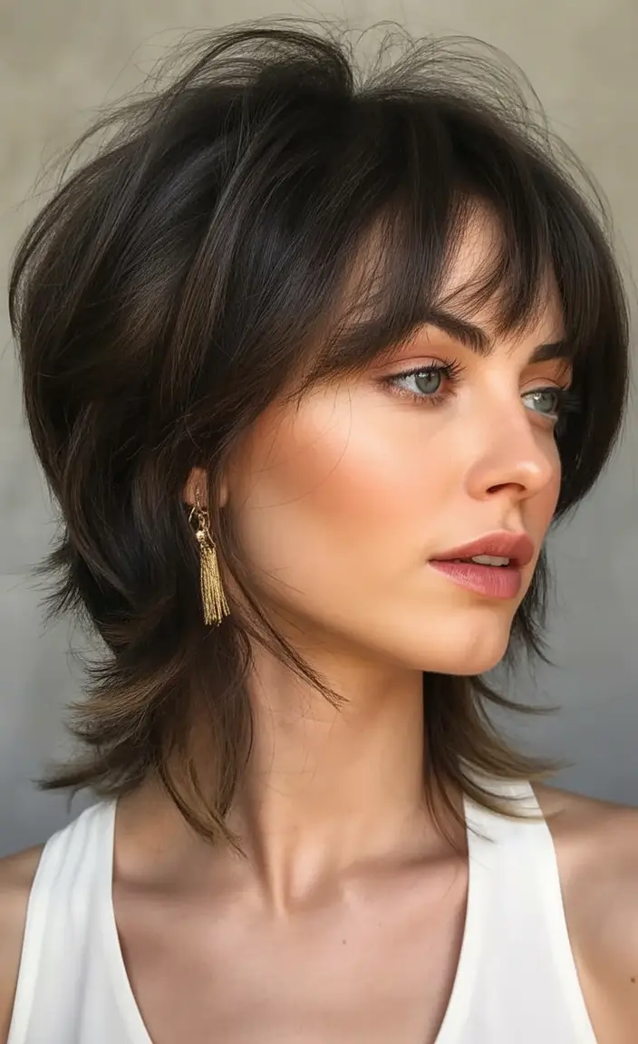 September haircuts Feathered Brunette Shag With Fringe