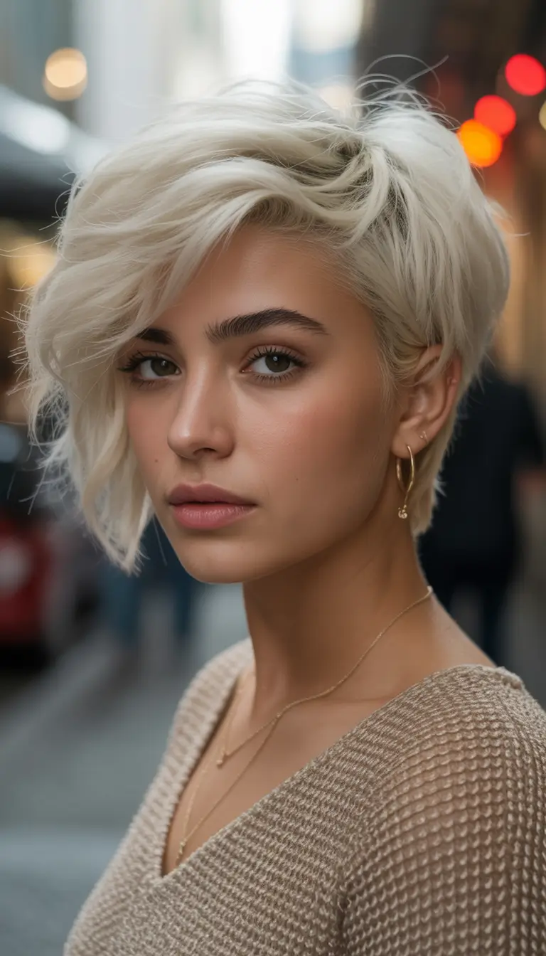 September haircuts Side-Swept Platinum Pixie Bob