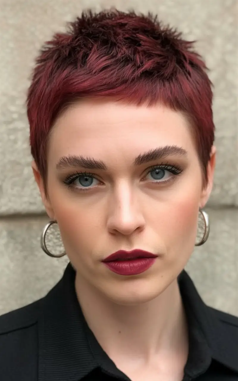 Fall Oval Face Haircuts Textured Burgundy Buzz Crop