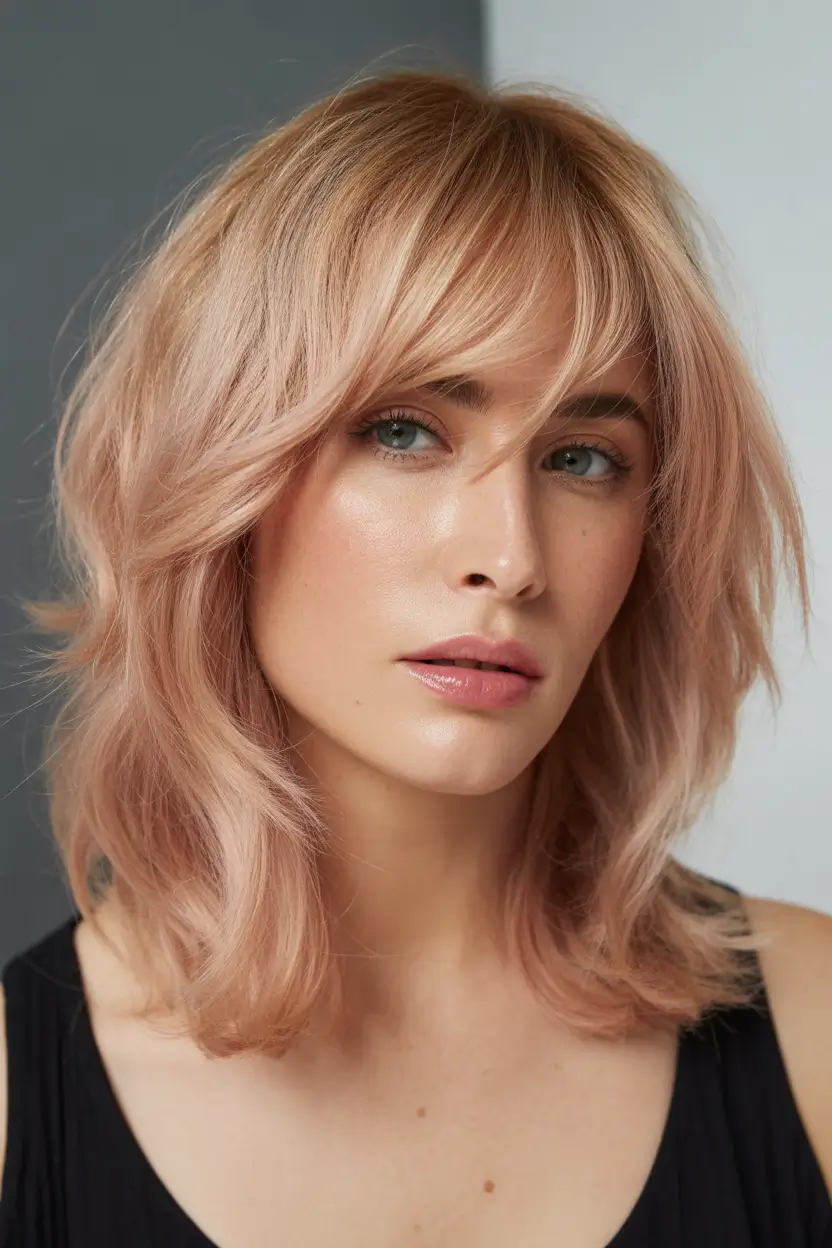 Fall Oval Face Haircuts Pastel Peach Shag with Curtain Fringe