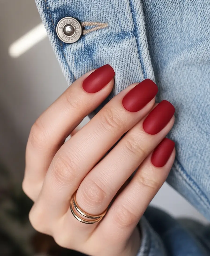 September nails color Crimson Corduroy: Matte Red’s Quiet Comeback