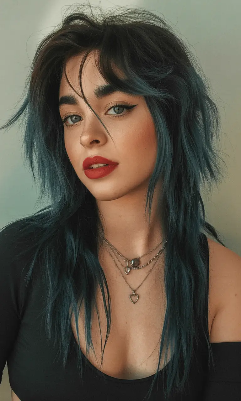September hair color ideas - fall trends for 2025—Deep Teal Shag with Curtain Bangs
