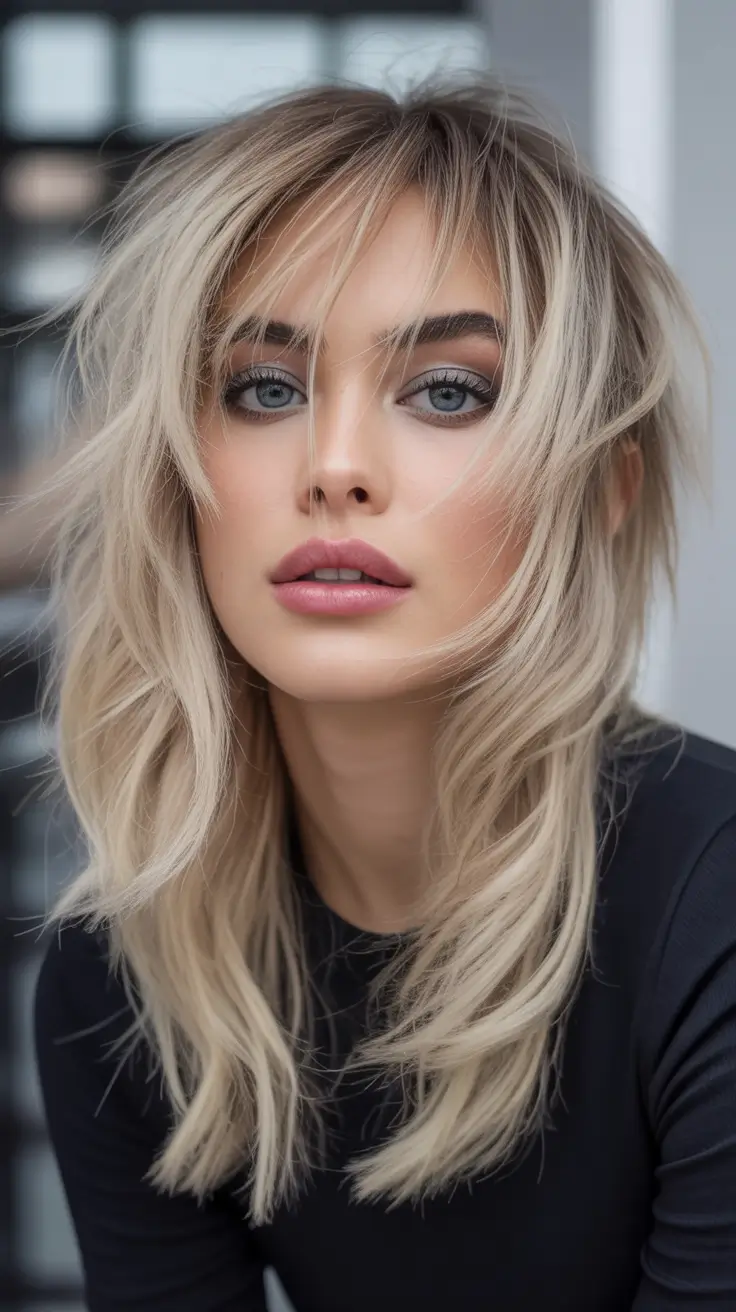 September hair color ideas - fall trends for 2025—Feathered Vanilla Shag with Airy Fringe