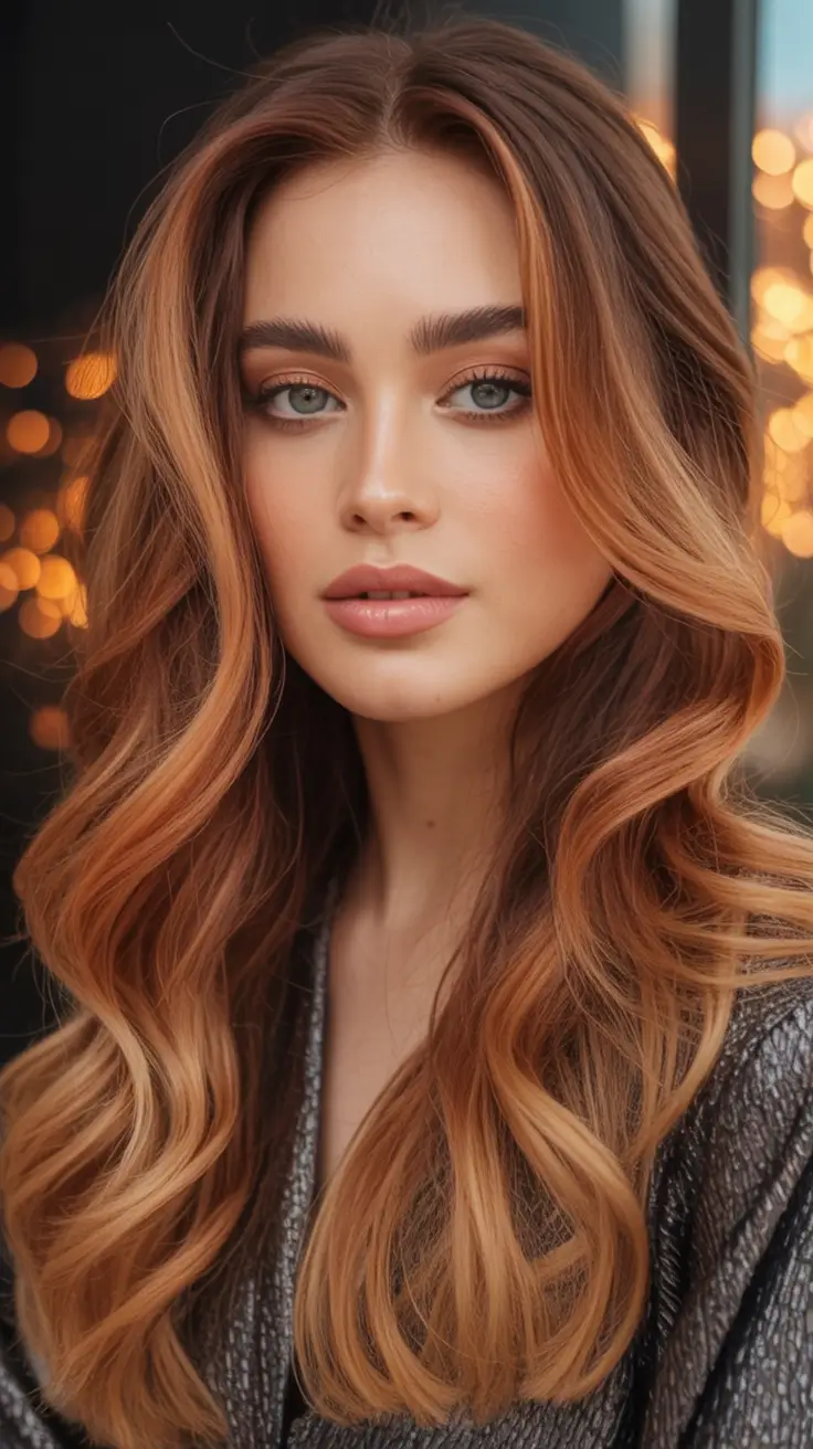 September hair color ideas - fall trends for 2025—Pumpkin-Caramel Ribbons on Chestnut Waves