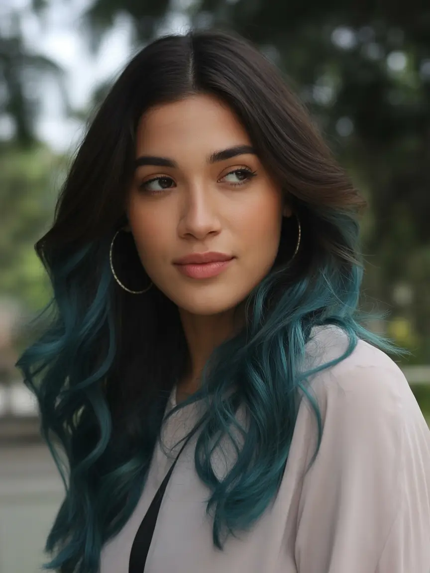 September hair color ideas - fall trends for 2025—Espresso Lengths with Teal-Dipped Waves