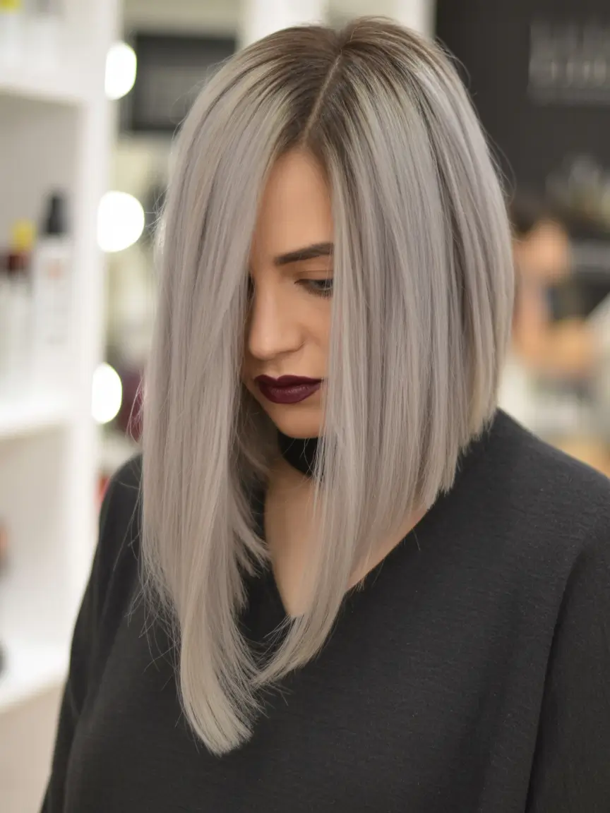 September hair color ideas - fall trends for 2025—Icy-Smoke Lob with Shadow Root