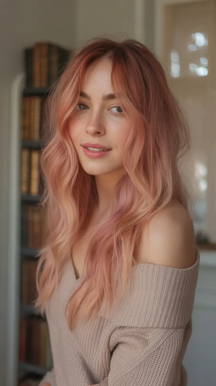 September hair color ideas - fall trends for 2025—Dusty Rose-Gold Waves with Soft Fringe