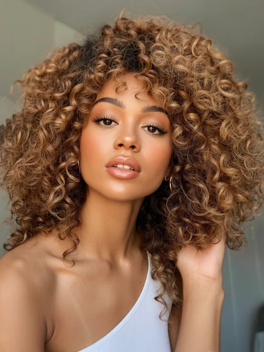 September hair color ideas - fall trends for 2025—Caramel Toffee Ringlets with Soft Shadow