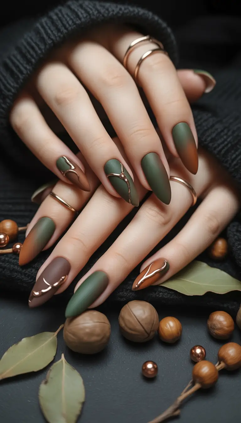 September nails design Earthy Ombre with Copper Veins