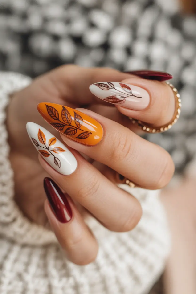 September nails design Golden Autumn Leaves