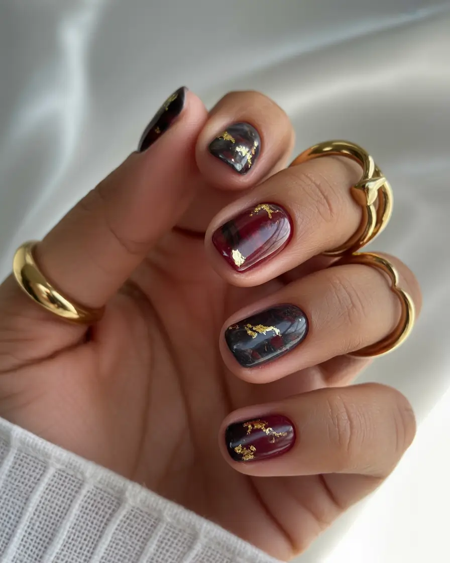 September nails design Plum Marble Elegance