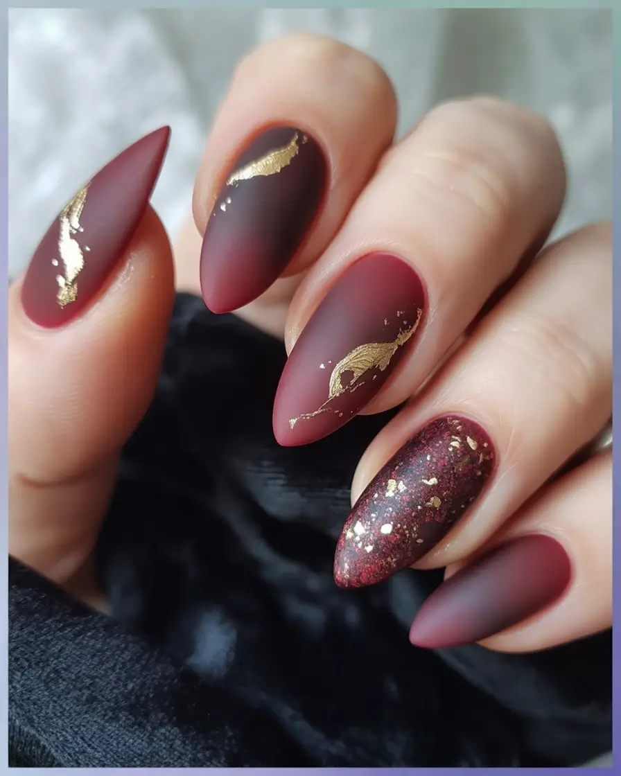 September nails design Deep Burgundy Gold Rush