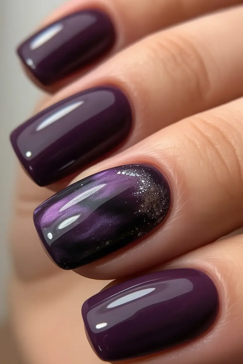 September nails design Plum Galaxy Glow