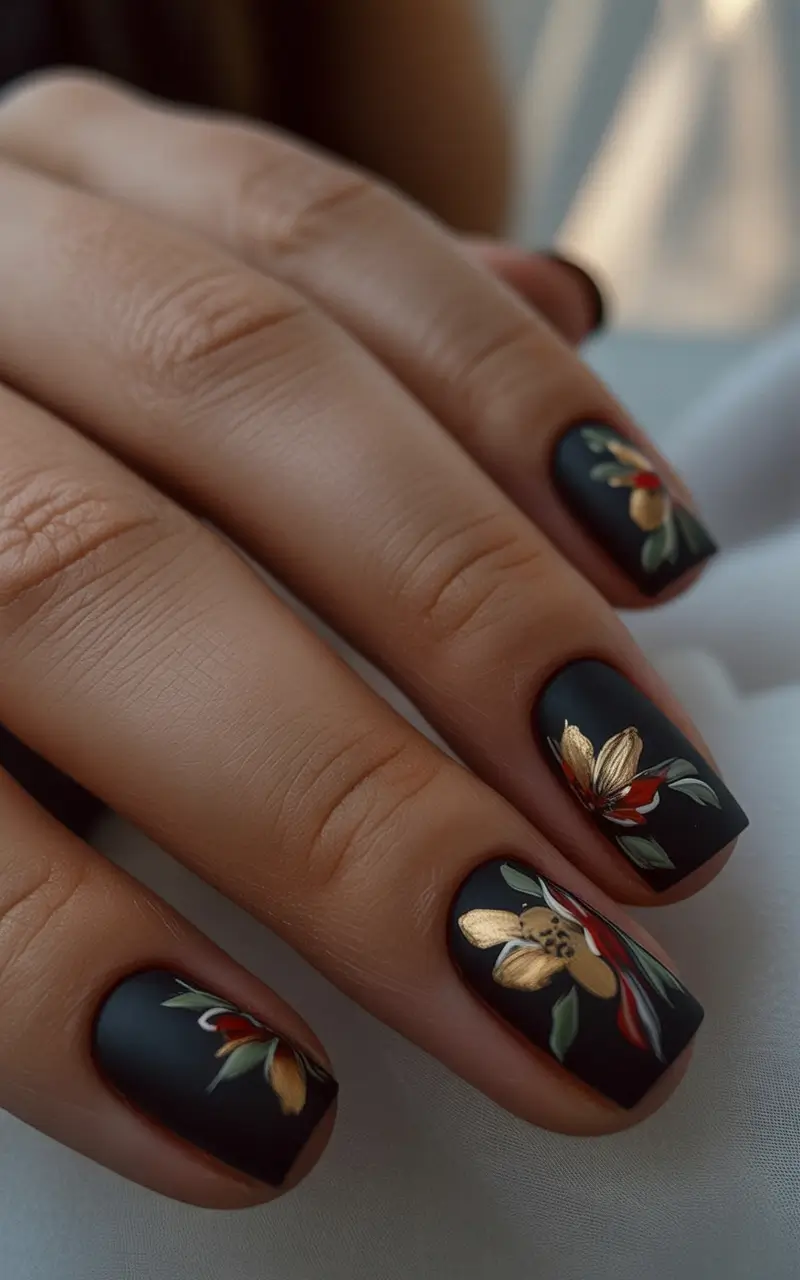 short fall nails Matte Black Florals with Gilded Petals