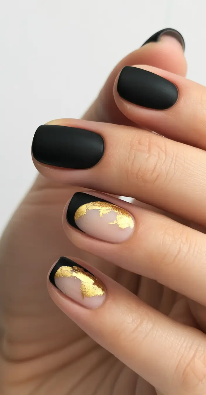 short fall nails Black Suede With Gold Leaf Veil