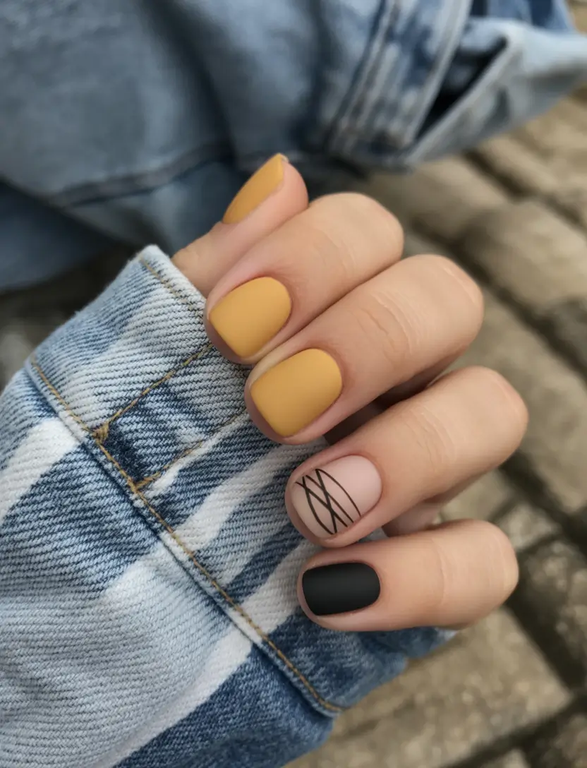 short fall nails Mustard Suede With Graphite Linework