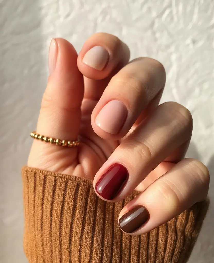 short fall nails Latte Neutrals With Garnet Pop