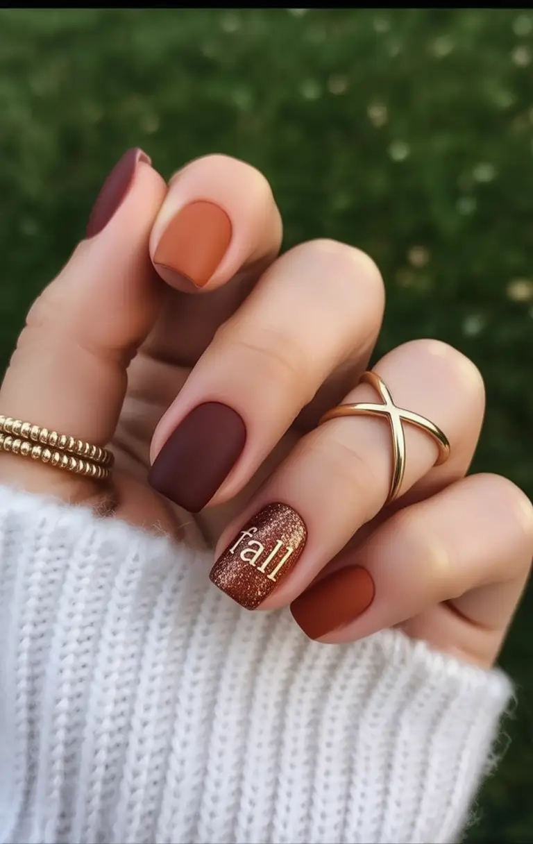 short fall nails Matte Pumpkin Spice With Lettered Sparkle